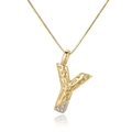 Macro shot of gold letter Y pendant with tiny clear zircons on fine box chain - Letter Y