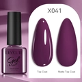 Deep purple gel nail polish X041 with matte and glossy top coat effects on swatches - Deep Purple (41)