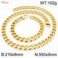 Set collana e bracciale a catena cubana in acciaio inossidabile dorato lucido da 9 mm - Collana 55cm + Bracciale 21cm (KS220798-Z) / Oro