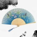 Blue gradient folding fan with white cherry blossoms and rabbits plus light blue tassel - Jade Rabbit - Blue