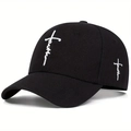 Close-up of white 3D faith embroidery with cross symbol on a black cotton baseball cap - Black With White Logo