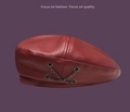 Deep red PU leather beret hat for women with stylish silver chain decoration - M (56-58cm) / Red