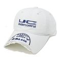 Detailed close-up of distressed white canvas baseball cap with blue letter embroidery - M (56-58cm) / White