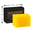 Detailed view of yellow Kojic Acid soap with dimensions on the black packaging box - 100g*2 Pack (No.2 English)