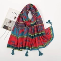 Ethnic style linen scarf with red and blue color blocking and tassels - Red Blue Ethnic Color Block Style (XB881) / 180*90CM