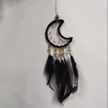 Black moon dream catcher with feathers, silver thread, and gold beads for wall decor - 0051i