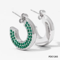 Retro C-shaped stainless steel hoop earrings in silver finish with green zircons - Silver with Green Stone (PDE1265)