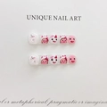 Handmade pink and white cartoon press-on nails for children with glossy resin finish - Large (L)
