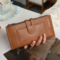 Brown bifold long wallet for women with smooth leather finish and zipper closure - Tan