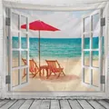 Detalle de un tapiz de ventana de playa colgado en una pared de ladrillos blancos decorativa - 150x130cm / Estilo 4-Sombrilla Roja