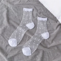 Detail of white sheer mesh socks with 3D polka dots and reinforced knit heel and toe - One Size (34-40) / White Polka Dot