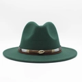 Close-up of dark green wool fedora featuring bohemian braided band and golden shell detail - Dark Green
