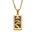 Golden rectangle pendant necklace with hand floral pattern and blue zircon inlay - Magician
