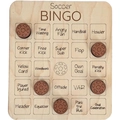 Close-up of wooden Soccer BINGO board with engraved football terms and round game pieces - Football