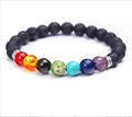 Macro shot of colorful chakra energy beads and porous black lava stones on elastic cord - Black and Silver