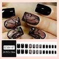 French press-on nails in black vine patterns with rhinestones, 24 piece square nail set - Jelly Glue Type / DZ384-B7 Black Vine