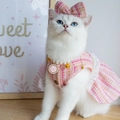 Pink tweed pet dress set with pearls and matching bow headband for cats and dogs - M / Pink Tweed Dress + Headflower