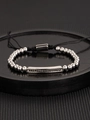 Vintage titanium steel bracelet with crown bead and black cubic zirconia stones - Steel Color Bar Bracelet