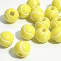 Top view of yellow tennis-shaped acrylic round beads for children's DIY crafts and jewelry - 12mm Tennis Yellow Background White Line
