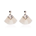 Bohemian fan-shaped leopard print earrings with creamy white fringe and gold beads - Cream White Tortoiseshell Patchwork Fan (S211)