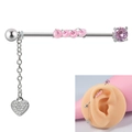 Zilveren barbell oorbel met ketting, roze zirkoon en een glanzende hartjes hanger - NO 1 Roze Kralen Hart