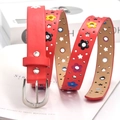 Red faux leather belt with flower hollow patterns and colorful metal eyelets for women - Red