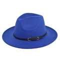 Detail view of the royal blue wool felt fedora featuring a black leather belt and silver buckle - M (56-58cm) / Blue