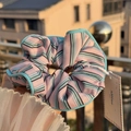 Blue striped satin scrunchie with soft elastic band and branded Alline tag - Blue Trim Pink-Blue Stripe Scrunchie