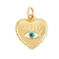 Detailed view of a gold heart charm with a blue evil eye motif and beaded edges - Enamel Heart Evil Eye