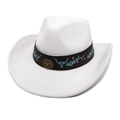 Détail du chapeau de cow-boy en laine blanche avec bandeau cuir et broderie tête de taureau - M (56-58cm) / Blanc