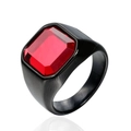 Bague homme style industriel en acier inoxydable noir avec pierre rectangulaire rouge - Black Ruby Red Gemstone