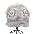 Detail of plush faux fur and knit bucket hat with vintage floral patterns and warm gray trim - One Size / Light Gray Cream Contrast Floral