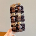 Elastic phone cord hair tie set with brown bear charms and shiny beads in a clear box - 15 Piece Set / Latte Brown