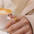 Elegant 18k gold layered triple band ring set for women in a minimalist geometric style - Wide Hollow Gold