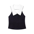 Haut de gilet sans manches bleu marine avec col blanc contrastant et boutons sur le devant - XS / Bleu Marine (Haut)