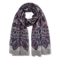 Bohemian paisley print scarf in grey with pink floral patterns on lightweight fabric - Gray