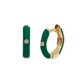 Detail of C-shaped earrings with dark green enamel, gold plating and sparkling zircon stone - 24K / Dark Green Enamel Small Hoop (JQH0020-GG-8)