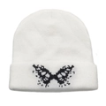 Detailed view of white ribbed knit beanie featuring a black butterfly pattern - M(54-60cm) / White