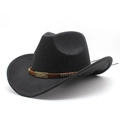 Classic black wool cowboy hat with vintage metal buckle and braided brown leather band - M(56-58cm) / Black