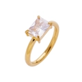 Polished 18K gold plated ring with a classic emerald cut clear solitaire diamond - Gold + White Zirconia