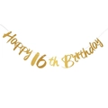 Golden Happy 16th Birthday hanging banner with elegant glitter lettering for party decor - 16th Birthday Glitter Style / Gold
