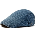 Blue striped washed cotton beret hat with vintage metal buckle and british style - Adjustable / Light Blue