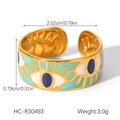 Vista detallada del anillo ojo turco con medidas y acabado dorado del producto - Estilo Ojo de Mal Pintado con Esmalte Azul (HC-R30493)
