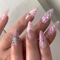 Unghie finte sfumate rosa argento con fiocchi 3D, perle e trama a conchiglia - Tipo di Colla / Stile Fiocco Argento Sfumato Rosa (D-174)