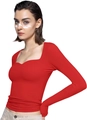 Detail of red long sleeve cropped top with a square neckline on a model with white background - S / Red