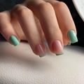 Short square press-on nails in mint green and nude French tip design with glossy finish - Green Pink Contrast French (CW65)