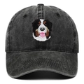Vintage washed denim baseball cap featuring detailed embroidery of a Bernese Mountain Dog - Black