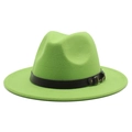 Close-up of green fedora hat featuring a black leather band and gold metal buckle - Fruit Green