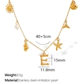 Gold ocean style necklace featuring a letter E pendant with sun, shell, and starfish charms - Letter E (XL206)