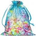 Light blue organza drawstring gift bag with colorful coral pattern and macaron beads - 7*9cm / Blue